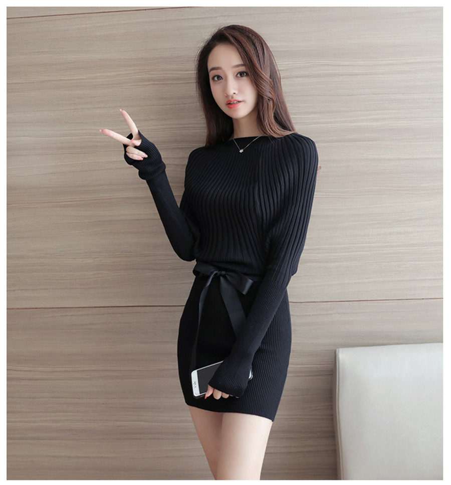 Womens Long Sleeves Belt Knitted Sweater Wrap Dress Slim Fit Fashion Skirt Black