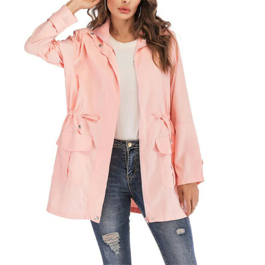 Women Mid-length Trench Coat Jacket Slim Fit Long Sleeve Windbreaker Outwear pink