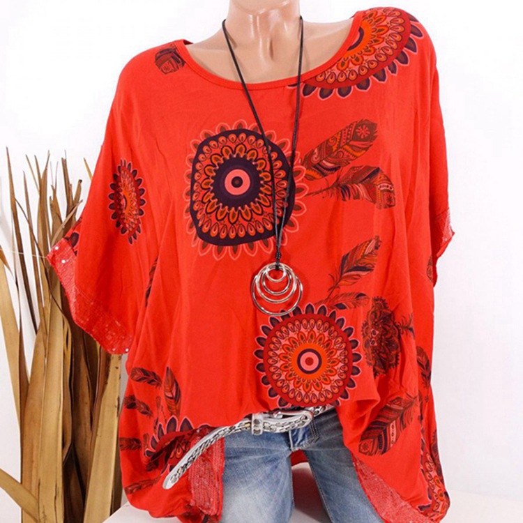  Women casual tops new style loose sequins feather printed round neck short-sleeved T-shirt