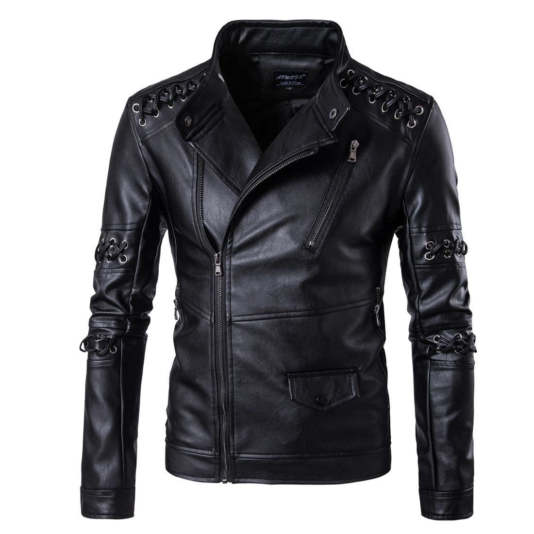 New Design Men PU Leather Jackets stand collarLong sleeves Braided Rope Motorcycle Leather Jacket Male Coat 