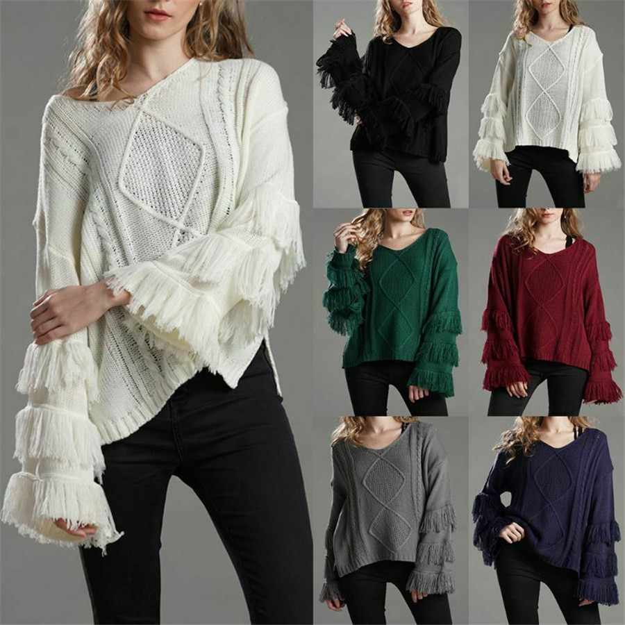 Womens Solid Color Tassels Flared Sleeves Knitted Sweater Pullover V-Neck Loose