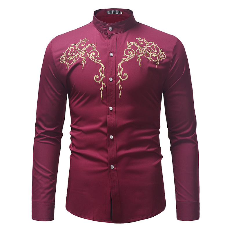 MEN Wear Large Size Long Sleeve Casual Embroidery Base Stand Collar Shirt 