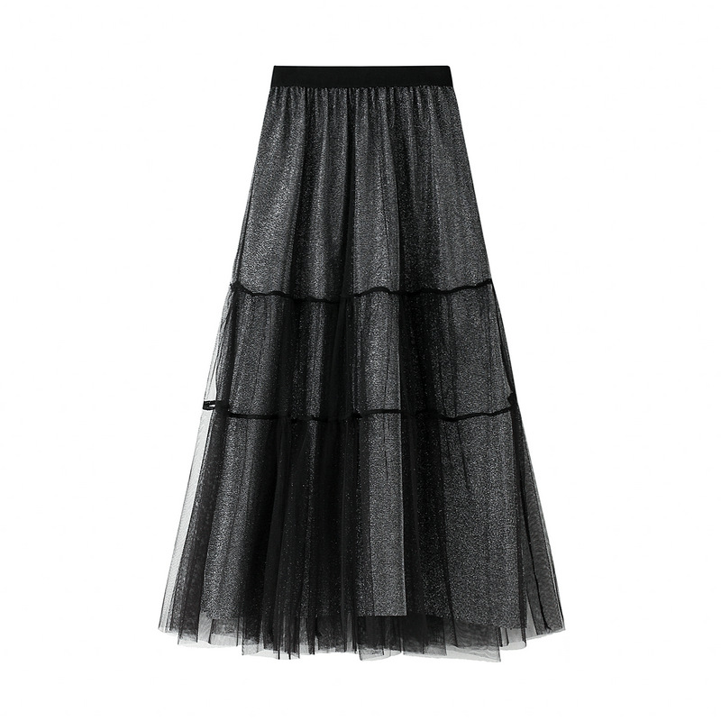  women High waist skirt bright silk gauze female winter stitching cake mid-length A-line bottoming skirt