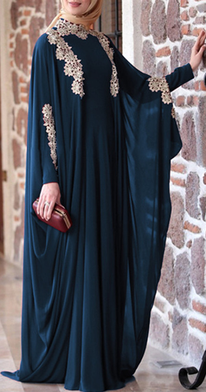  Women Muslim Dress Solid Lace Plus Size Loose Batwing Sleeve Abaya Fahsion Islamic Clothing S-5XL
