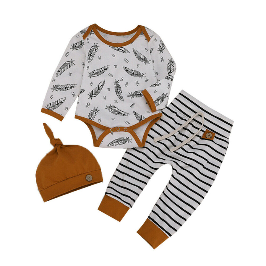 3Pcs Outfit Newborn Baby Boy Romper Pants Cotton Top Leggings Hat Clothes Set
