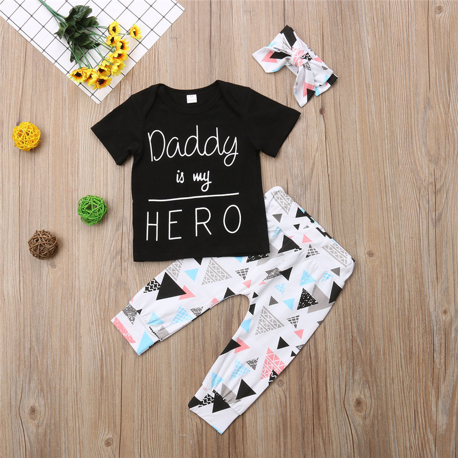 Summer Newborn Infant Baby Boy Girl Clothes Daddy is my Hero Short Sleeve T-shirt Tops+Pants+Headband Toddler Outfits Set