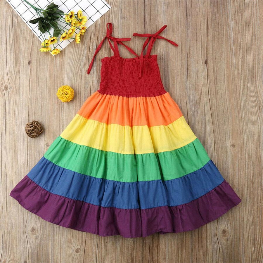 Summer Girls Rainbow Dress Toddler Kids Baby Clothes Strap Princess