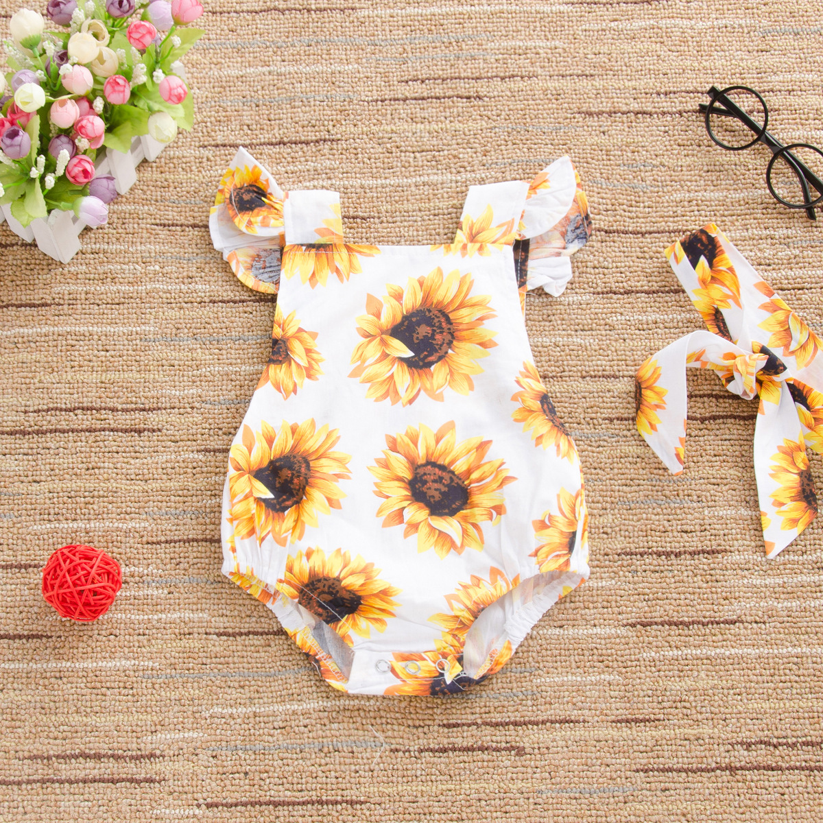  Newborn Baby Girl Sunflower Romper Summer Jumpsuit Bodysuit Headband Outfits