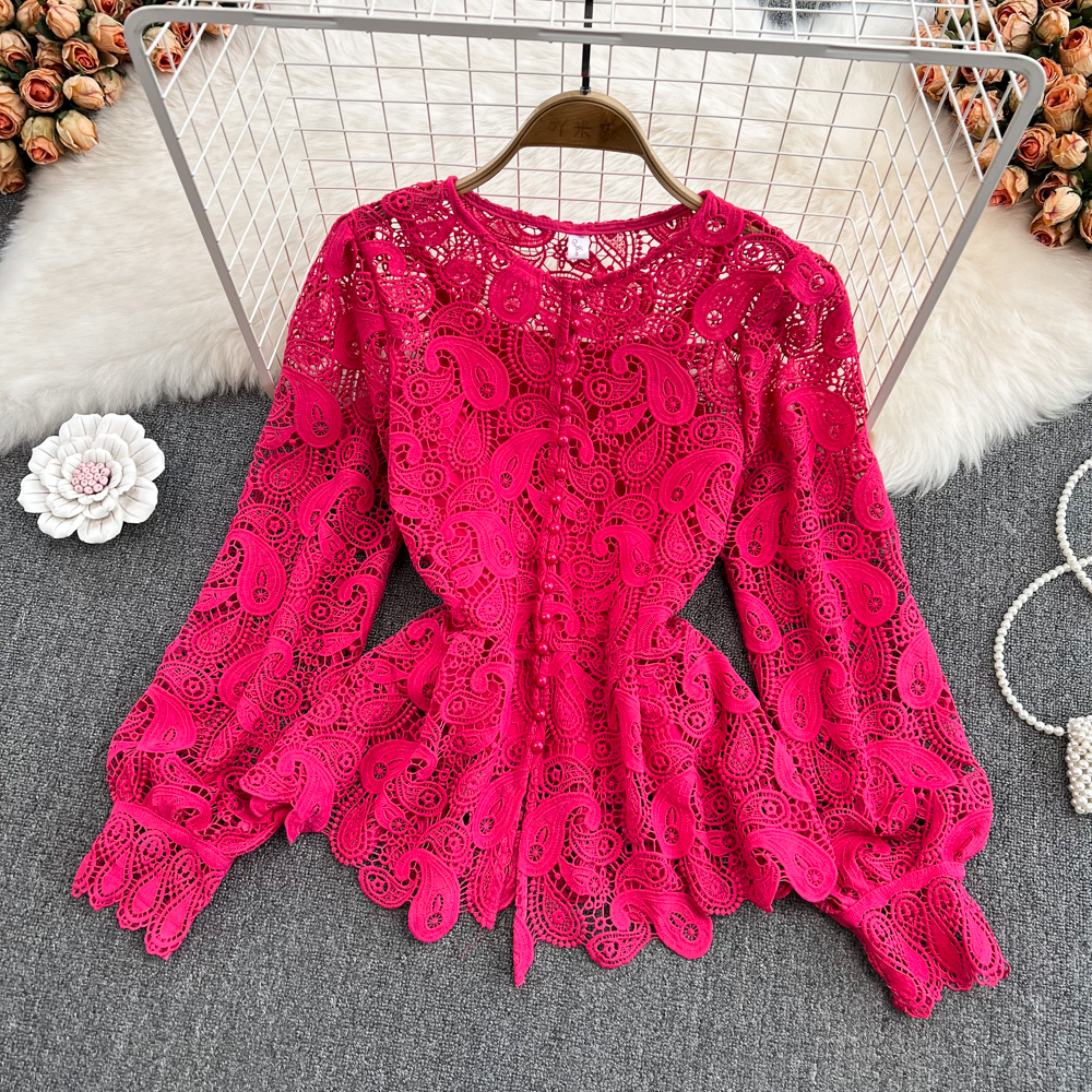  women Spring retro style round neck single-breasted hollow hook flower lotus leaf swing lace shirt chic top
