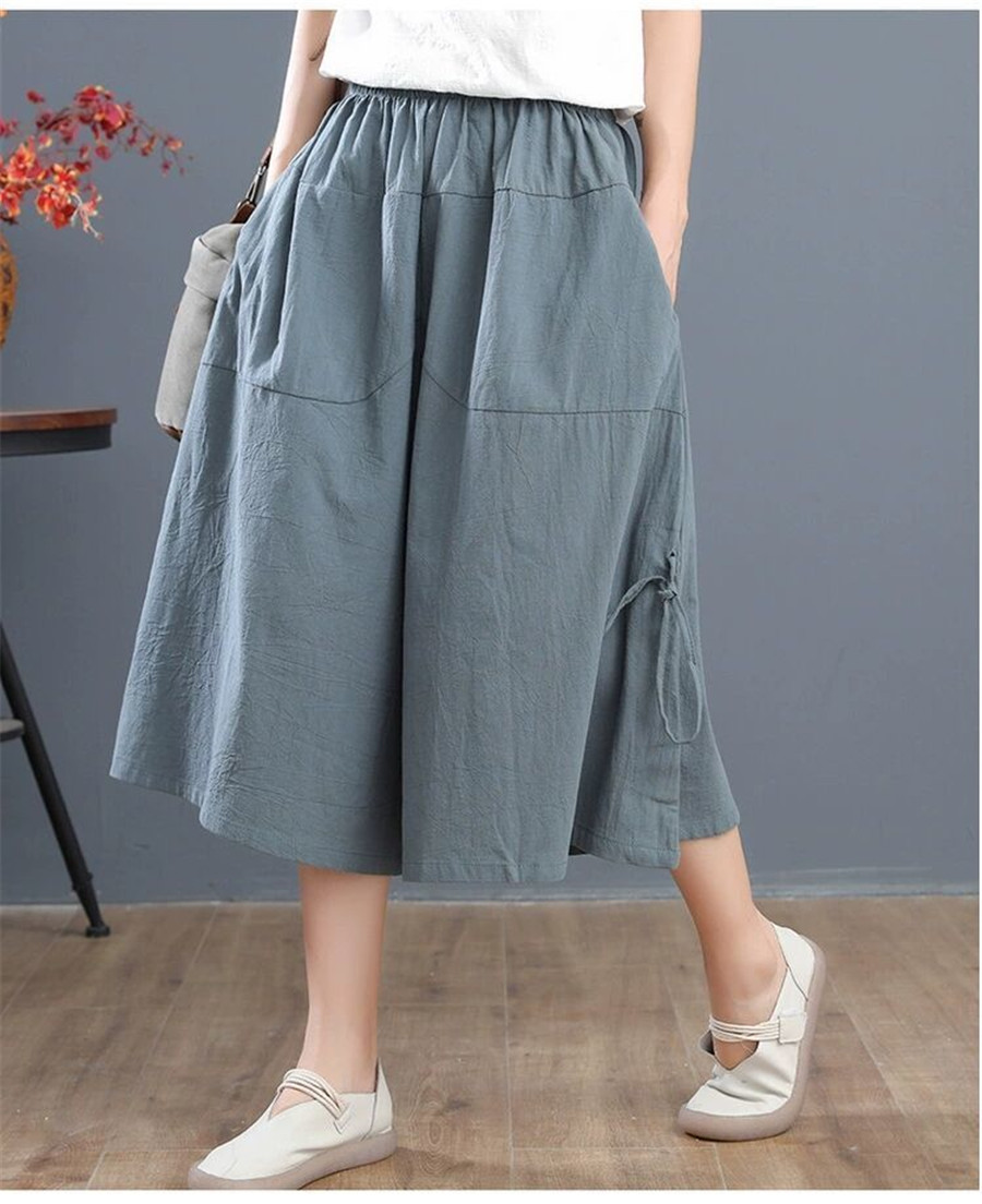  Summer Loose Bloomers Casual Elastic Waist Wide Leg Pants Large Size Middle Waist Women's Solid Color Culottes Cropped Pants