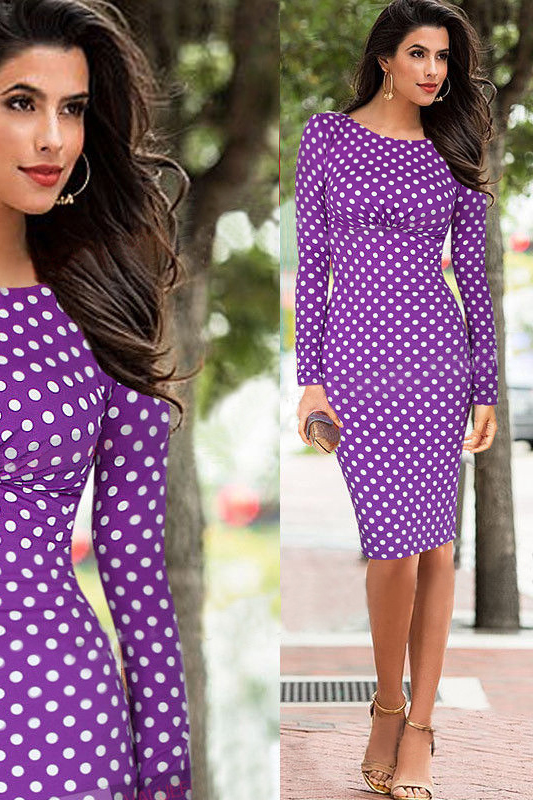 Women Vintage Polka Dot Print Long Sleeve Knee-Length Casual Stretchy Bodycon Pencil Dresses purple Color