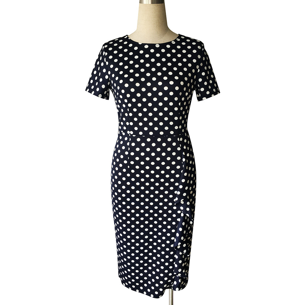 Vintage Women Polka Dot Short Sleeve Knee-Length Casual Stretchy Bodycon Pencil Business Dresses dark navy Color