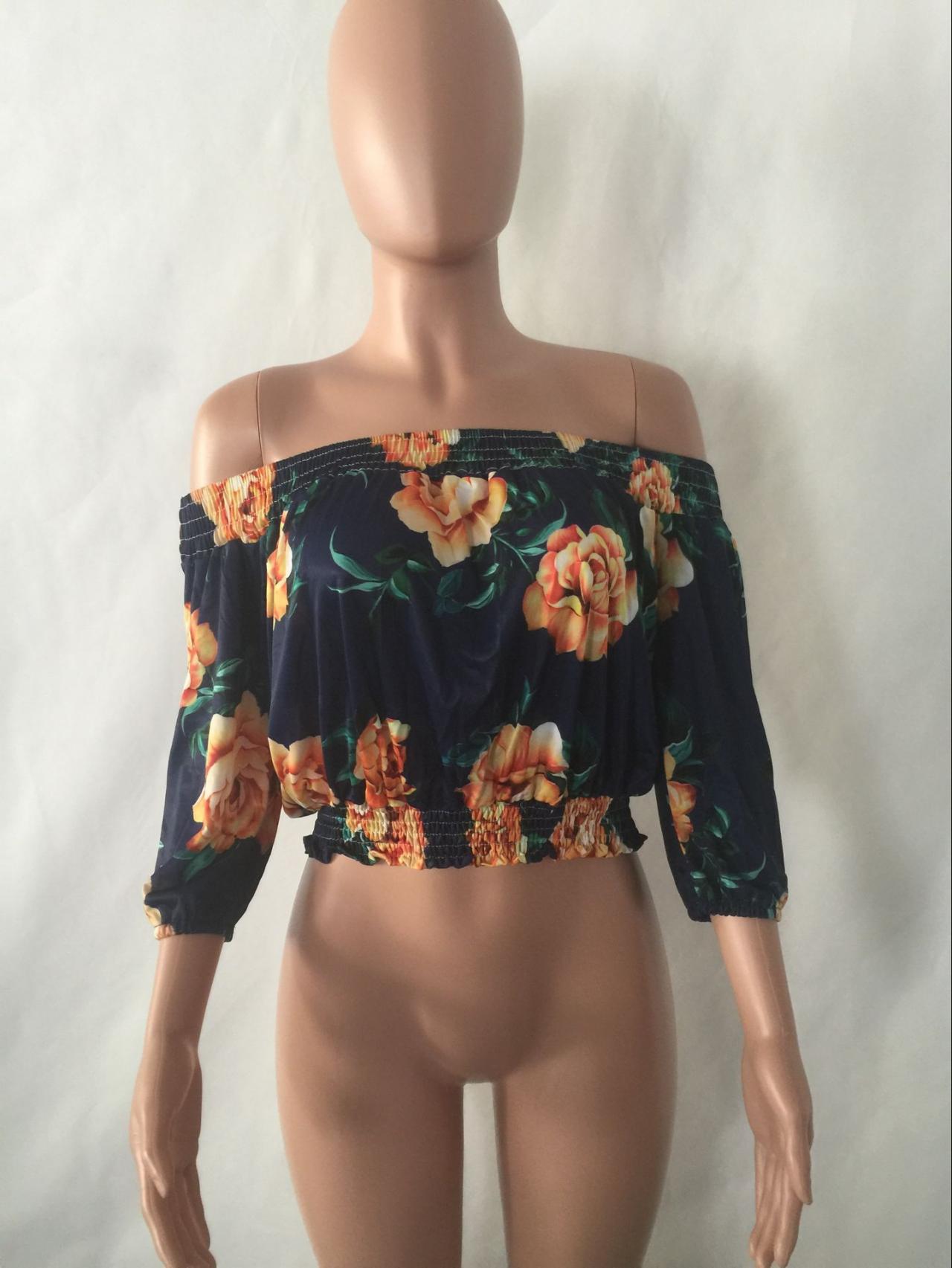 Navy Blue Off-The-Shoulder Cuff-Sleeved Blouse Featuring Yellow Floral Print 