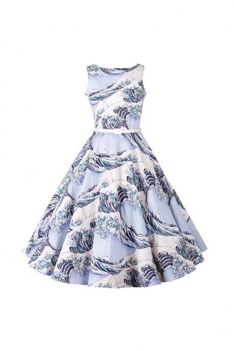 Women's Audrey Hepburn Retro Dress Vintage 50s 60s Floral Printed Belted Sleeveless Rockabilly Swing Casual Dresses7#