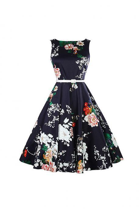 Sleeveless Floral Printed Belted A Line Midi Black Casual Dress 