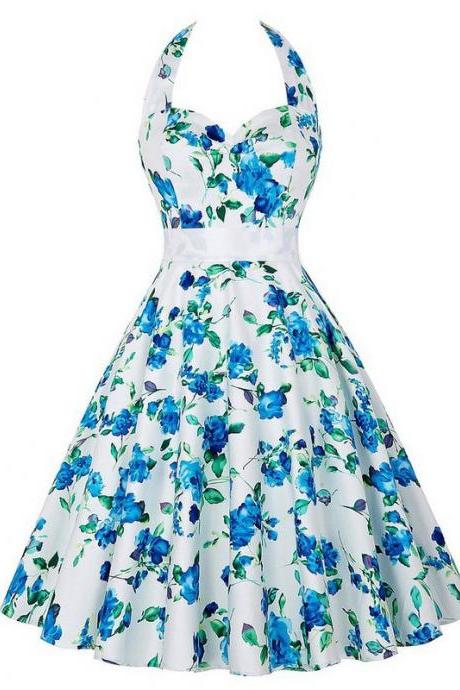 Vintage 50s 60s Swing A Line Dress Women Summer Halter Floral Printed Retro Casual Dress 6#