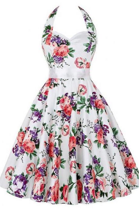 Vintage 50s 60s Swing A Line Dress Women Summer Halter Floral Printed Retro Casual Dress 7#