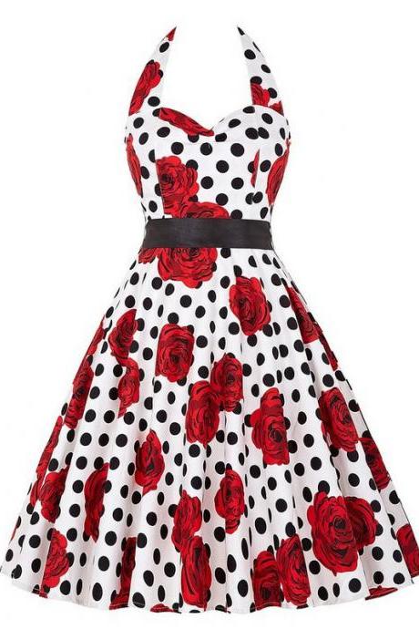 Vintage 50s 60s Swing A Line Dress Women Summer Halter Floral Printed Retro Casual Dress 9#