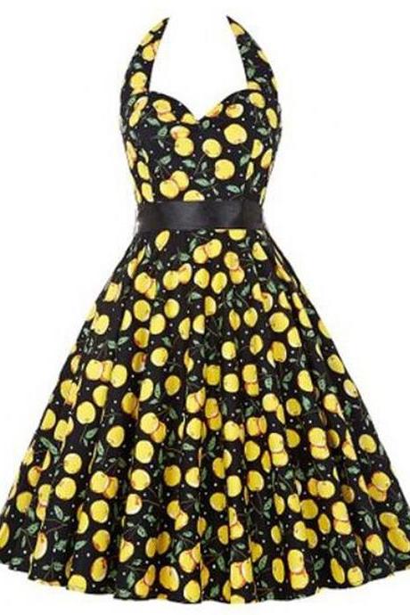 Vintage 50s 60s Swing A Line Dress Women Summer Halter Floral Printed Retro Casual Dress 10#