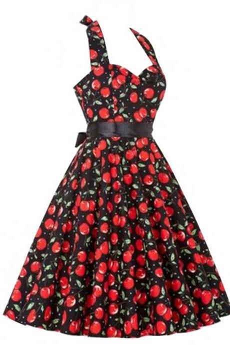 Vintage 50s 60s Swing A Line Dress Women Summer Halter Floral Printed Retro Casual Dress 11#