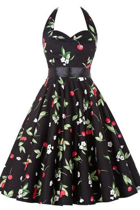 Vintage 50s 60s Swing A Line Dress Women Summer Halter Floral Printed Retro Casual Dress 15#