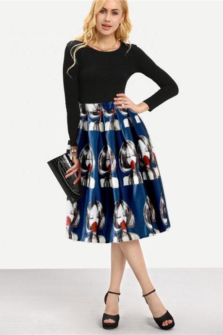 Women High Waist Print Skirt Floral Pleats Skater Ball Gown Knee Length Vintage A-Line Skirts 3#