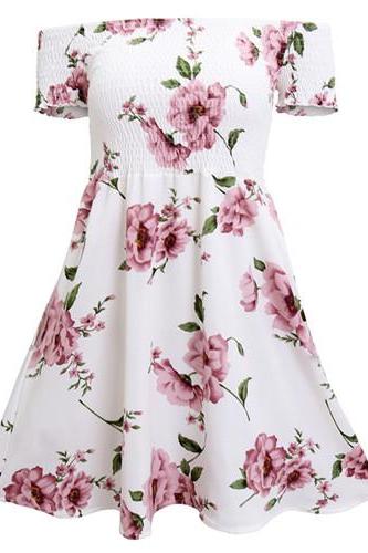Women Off Shoulder Floral Print Summer Dress Sexy Short Sleeve Beach A Line Short Mini Casual Dress as pic