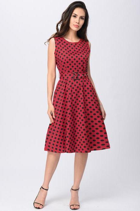 Women Summer Sleeveless O-neck Polka Dot Printed Hepburn Knee Length Belted Swing Vintage Dress Red Color