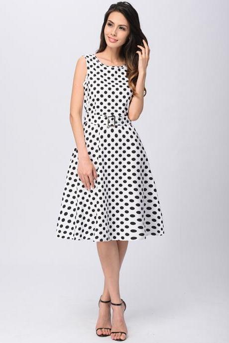 Women Summer Sleeveless O-Neck Polka Dot Printed Hepburn Knee Length Belted Swing Vintage Dress white color