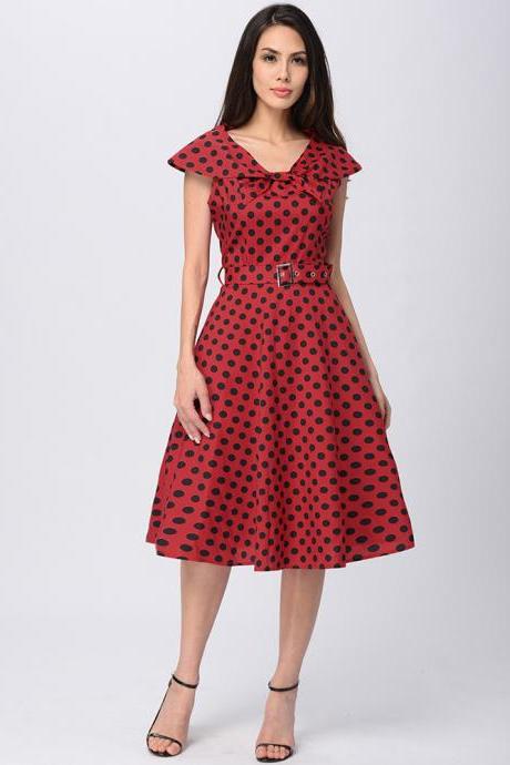 Elegant Women Cap Sleeve Polka Dot Vintage 50s Dress Bow Neck Belted Swing Casual Dress Red Color
