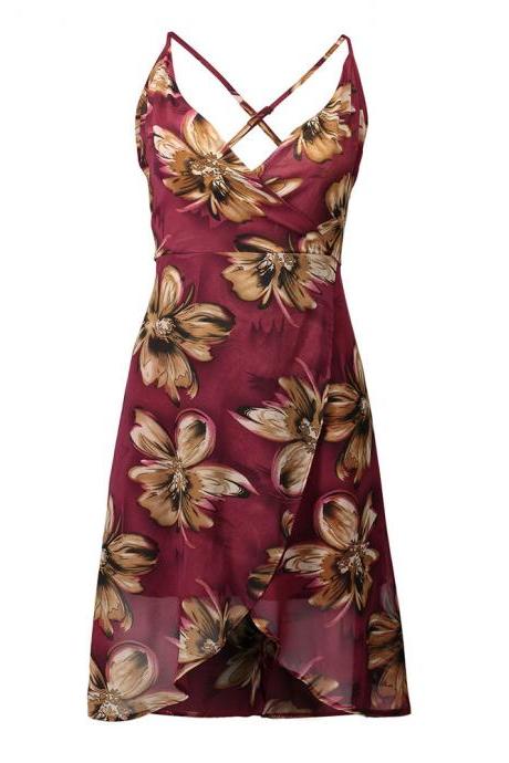 Red Floral Print Plunge V Spaghetti Straps Short Wrap Dress Featuring Criss-Cross Open Back