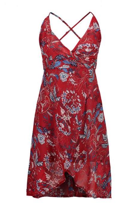 Red Floral Print Plunge V Short Wrap Dress Featuring Asymmetrical Hem And Strappy Back