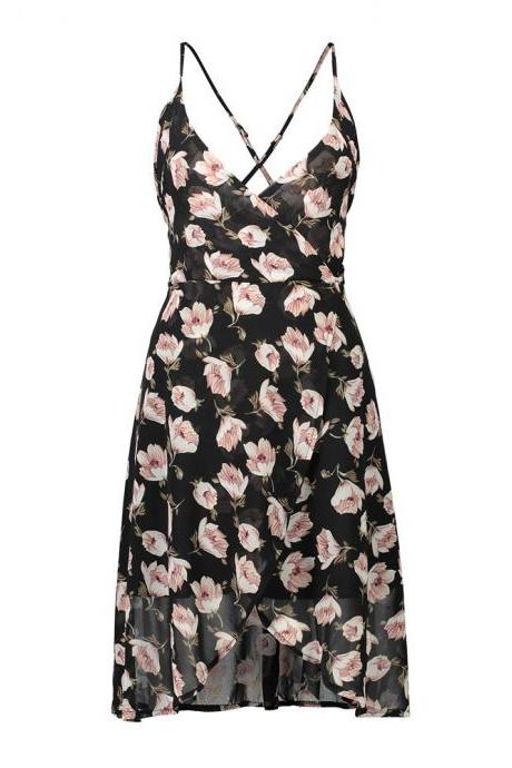 Back Floral Print Plunge V Spaghetti Strap Short Wrap Dress Featuring Criss-cross Open Back