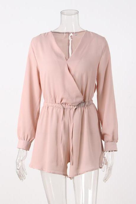 Plunge V Long Cuff-Sleeved Wrap Romper Featuring Bow Accent Waist and Keyhole Back 