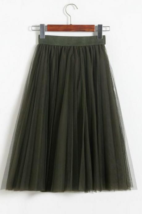 3 Layers Tulle Tutu Skirt Women Summer Pleated Midi Skirt High Waist Petticoat Under skirt army green
