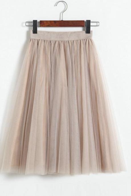 3 Layers Tulle Tutu Skirt Women Summer Pleated Midi Skirt High Waist Petticoat Under skirt beige