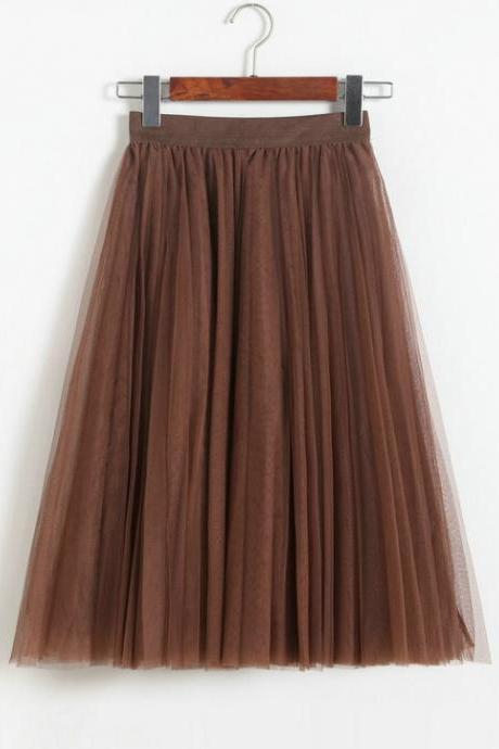 Brown Multilayered Tulle Elasticised High Rise A-Line Midi Skirt 