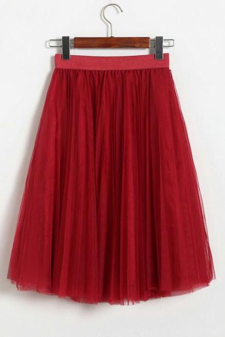 3 Layers Tulle Tutu Skirt Women Summer Pleated Midi Skirt High Waist Petticoat Under skirt dark red