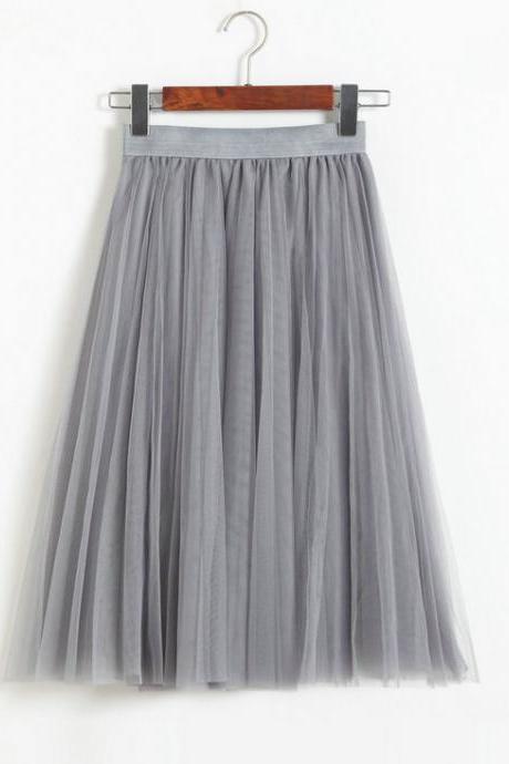 Grey High Rise Multilayered Tulle A-Line Midi Skirt 