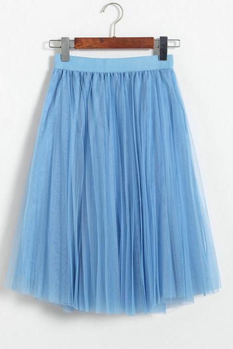 3 Layers Tulle Tutu Skirt Women Summer Pleated Midi Skirt High Waist Petticoat Under skirt sky blue