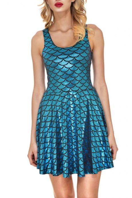 Sexy Multi Candy Color Mini Dress Summer Metallic Sleeveless Fish Scales Short Dress Costume Party Clubwear Vestidos blue