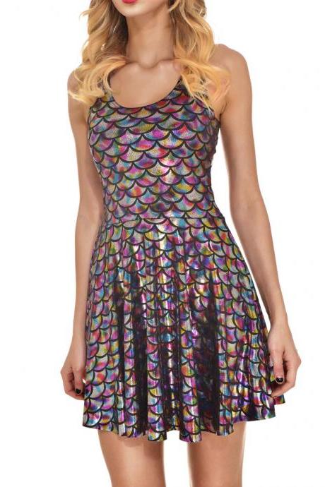 Sexy Multi Candy Color Mini Dress Summer Metallic Sleeveless Fish Scales Short Dress Costume Party Clubwear Vestidos colorful