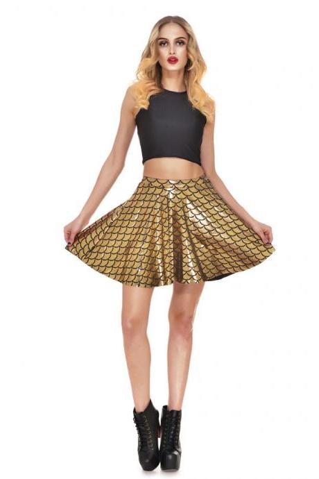 Summer Fish Scale Print Short Skirt Women High Waist Mini Skater Skirt Sexy Pleated A Line Skirt gold