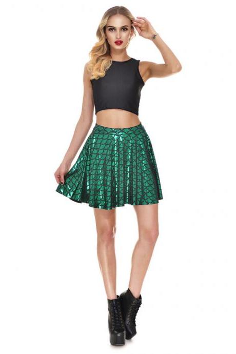 Summer Fish Scale Print Short Skirt Women High Waist Mini Skater Skirt Sexy Pleated A Line Skirt Green