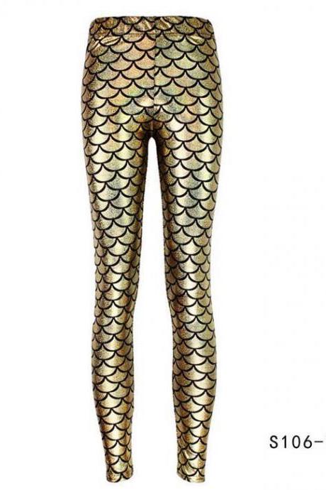 Fashion Silk Milk Fish Scale Print Mermaid Leggings Women Stretch Ankle Length Trousers Seamless Shiny Casual Leggings gold