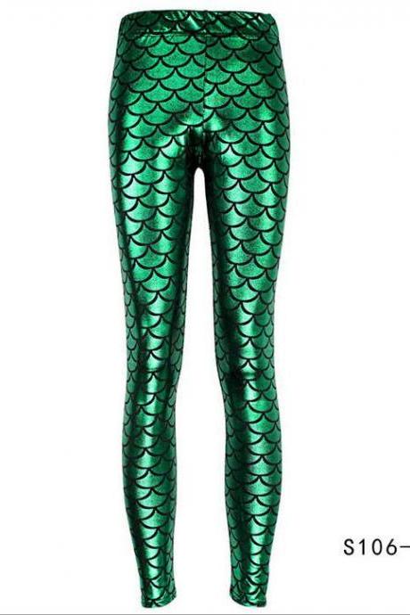 Fashion Silk Milk Fish Scale Print Mermaid Leggings Women Stretch Ankle Length Trousers Seamless Shiny Casual Leggings green