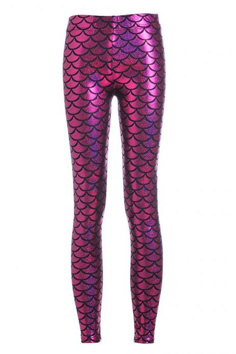 Fashion Silk Milk Fish Scale Print Mermaid Leggings Women Stretch Ankle Length Trousers Seamless Shiny Casual Leggings hot pink 