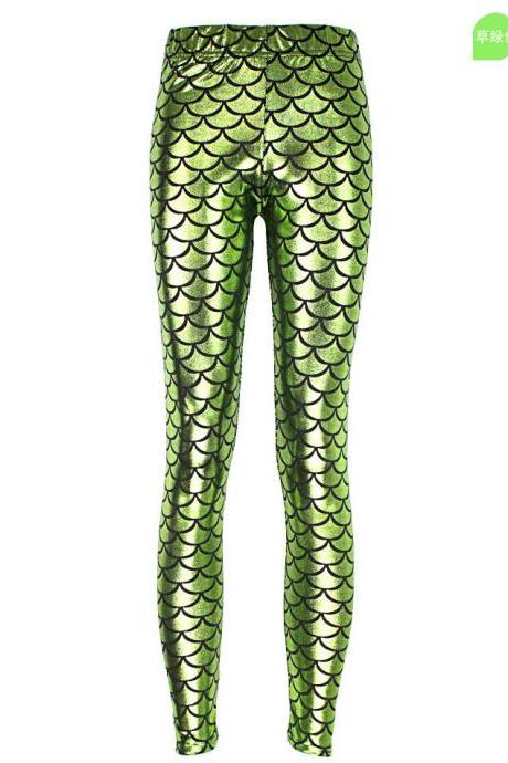 Fashion Silk Milk Fish Scale Print Mermaid Leggings Women Stretch Ankle Length Trousers Seamless Shiny Casual Leggings light green