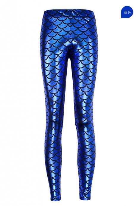 Fashion Silk Milk Fish Scale Print Mermaid Leggings Women Stretch Ankle Length Trousers Seamless Shiny Casual Leggings royal blue