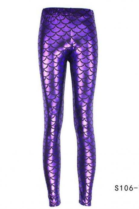Fashion Silk Milk Fish Scale Print Mermaid Leggings Women Stretch Ankle Length Trousers Seamless Shiny Casual Leggings purple